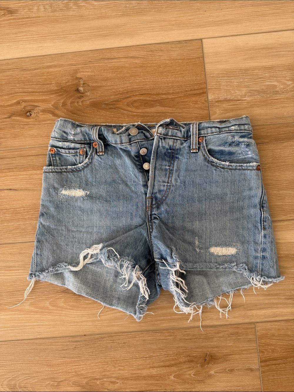 Blue Distressed High-Rise Levi Wedgie Denim Shorts SIZE 26